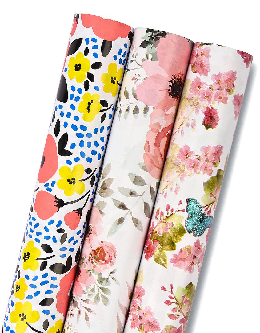 WRAPAHOLIC Gift Wrapping Paper Roll - Floral and Butterfly Design Mini Roll  - 17.3 inch x 120 inch Per Roll-3 Rolls 